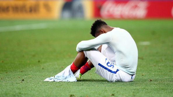 NICE, FRANCE - JUNE 27: Daniel Sturridge of England shows his dejection after his team's 1-2 defeat in the UEFA EURO 2016 round of 16 match between England and Iceland at Allianz Riviera Stadium on June 27, 2016 in Nice, France. (Photo by Alex Livesey/Getty Images)
