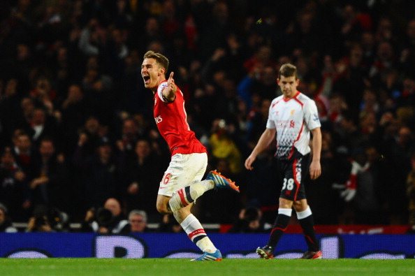 LONDON, ENGLAND - NOVEMBER 02: Aaron Ramsey of Arsenal celebrates scoring their second goal during the Barclays Premier League match between Arsenal and Liverpool at Emirates Stadium on November 2, 2013 in London, England. (Photo by Laurence Griffiths/Getty Images)