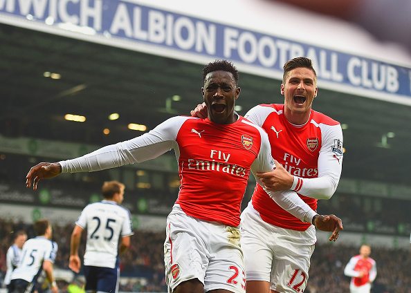 WEST BROMWICH, ENGLAND - NOVEMBER 29: Danny Welbeck of Arsenal (L) celebrates with team mate Olivier Giroud as he scores their first goal during the Barclays Premier League match between West Bromwich Albion and Arsenal at The Hawthorns on November 29, 2014 in West Bromwich, England. (Photo by Laurence Griffiths/Getty Images)