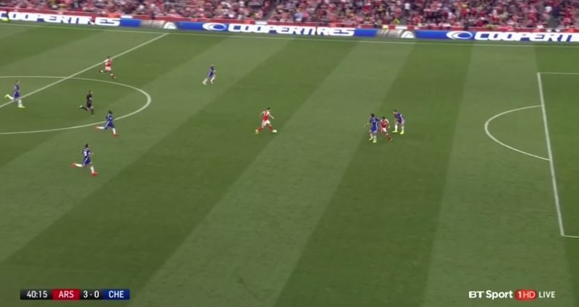 In this picture, you can see that Alexis (who is onside) has dragged both centre-backs with him, allowing Mesut time and space to roam further forward.