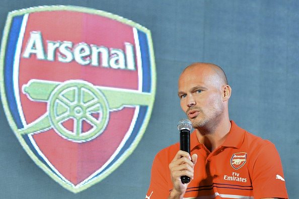 Former Arsenal footballer, Fredrick Ljungberg of Sweden takes part in an interactive session with fans during the launch of Arsenal Football Club kits in Bangalore on August 12, 2014. Fredrick, who is the brand ambassador for Arsenal Soccer Schools, launched sports brand Puma's Arsenal Home, Away And Cup Kits for 2014/15 football season in India. AFP PHOTO/Manjunath KIRAN (Photo credit should read Manjunath Kiran/AFP/Getty Images)