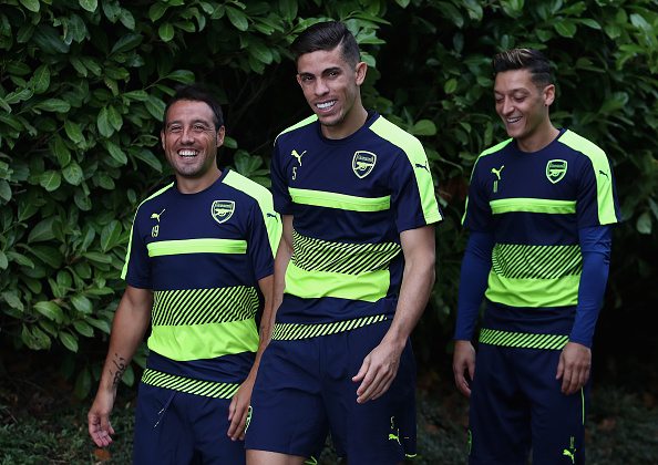Gabriel (second left) pictured on the way to training before our Champions League meeting with PSG last week - ahead of schedule following a nasty-looking injury suffered against City in early August. | Photo: Julian Finney / Getty Images
