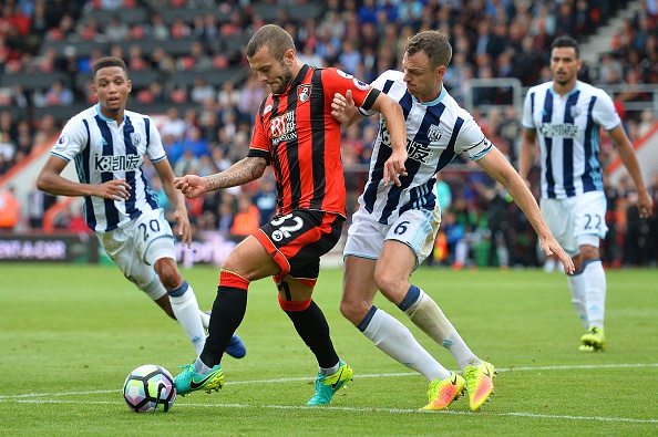 Bournemouth's English midfielder Jack Wilshere (C) vies against West Bromwich Albion's Zimbabwean-English defender Brendan Galloway (L) and West Bromwich Albion's Northern Irish defender Jonny Evans during the English Premier League football match between Bournemouth and West Bromwich Albion at the Vitality Stadium in Bournemouth, southern England on September 10, 2016. / AFP / GLYN KIRK / RESTRICTED TO EDITORIAL USE. No use with unauthorized audio, video, data, fixture lists, club/league logos or 'live' services. Online in-match use limited to 75 images, no video emulation. No use in betting, games or single club/league/player publications. / (Photo credit should read GLYN KIRK/AFP/Getty Images)