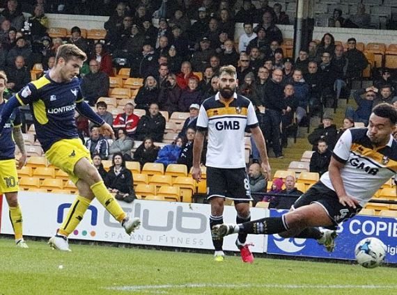 Daniel Crowley (far left) shapes to strike his effort inside the area midway through the first-half against Port Vale. (Photo source: Twitter)