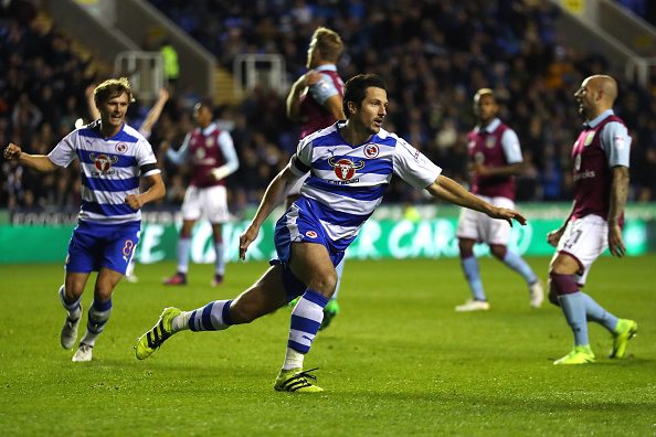 READING, ENGLAND - OCTOBER 18: Yann Kermorgant of Reading celebrates scoring a goal off a rebounded penalty appempt during the Sky Bet Championship match between Reading and Aston Villa at Madejski Stadium on October 18, 2016 in Reading, England. (Photo by Warren Little/Getty Images)