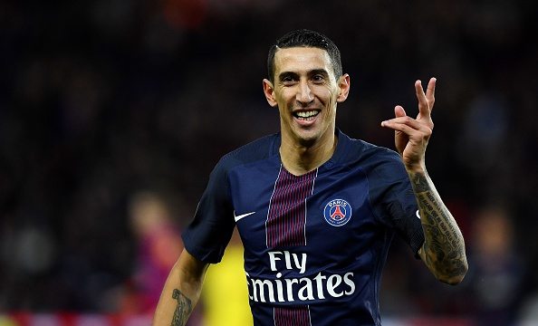 Paris Saint-Germain's Argentinian forward Angel Di Maria celebrates after he scored a goal during the French L1 football match between Paris Saint-Germain and Nantes at the Parc des Princes stadium in Paris on November 19, 2016. / AFP / FRANCK FIFE (Photo credit should read FRANCK FIFE/AFP/Getty Images)
