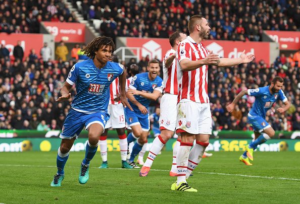 STOKE ON TRENT, ENGLAND - NOVEMBER 19: Nathan Ake of AFC Bournemouth (L) celebrates scoring his sides first goal during the Premier League match between Stoke City and AFC Bournemouth at Bet365 Stadium on November 19, 2016 in Stoke on Trent, England. (Photo by Gareth Copley/Getty Images)