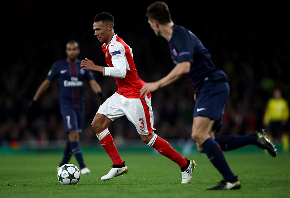 LONDON, ENGLAND - NOVEMBER 23: Kieran Gibbs of Arsenal in action during the UEFA Champions League Group A match between Arsenal FC and Paris Saint-Germain at the Emirates Stadium on November 23, 2016 in London, England. (Photo by Julian Finney/Getty Images)