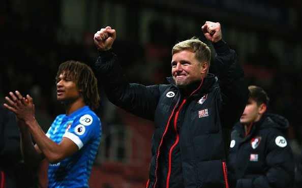 STOKE ON TRENT, ENGLAND - NOVEMBER 19: Nathan Ake of AFC Bournemouth (L) and Eddie Howe, Manager of AFC Bournemouth (R) celebrate after the final whistle during the Premier League match between Stoke City and AFC Bournemouth at Bet365 Stadium on November 19, 2016 in Stoke on Trent, England. (Photo by Dave Thompson/Getty Images)