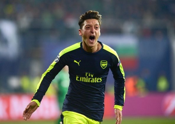 Arsenals German midfielder Mesut Ozil celebrates after scoring a goal during the UEFA Champions League Group A football match between PFC Ludogorets and Arsenal, on November 1, 2016 at the Vassil Levski stadium in Sofia. / AFP / NIKOLAY DOYCHINOV (Photo credit should read NIKOLAY DOYCHINOV/AFP/Getty Images)