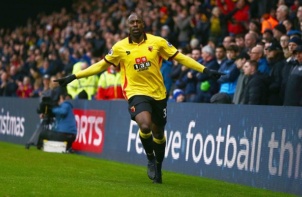 WATFORD, ENGLAND - DECEMBER 10: Stefano Okaka of Watford (R) celebrates as he scores their first and equalising goal during the Premier League match between Watford and Everton at Vicarage Road on December 10, 2016 in Watford, England. (Photo by Jordan Mansfield/Getty Images)