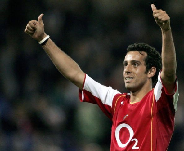 BIRMINGHAM, UNITED KINGDOM:  Arsenal's Edu celebrates scoring his goal to end the match 2-0 during their premiership match at home to West Bromwich, 02 May 2005. AFP PHOTO/ CARL DE SOUZA. 