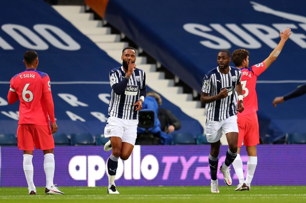 WEST BROMWICH, ENGLAND - SEPTEMBER 26: Kyle Bartley of West Bromwich Albion celebrates after scoring his sides third goal during the Premier League match between West Bromwich Albion and Chelsea at The Hawthorns on September 26, 2020 in West Bromwich, England. Sporting stadiums around the UK remain under strict restrictions due to the Coronavirus Pandemic as Government social distancing laws prohibit fans inside venues resulting in games being played behind closed doors. (Photo by Catherine Ivill/Getty Images)