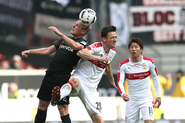 Takuma Asano (R) in action during Stuttgart's 2-1 win over Sandhausen