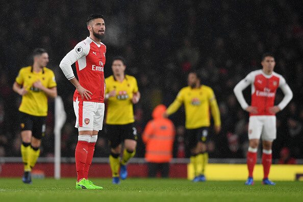 Giroud (C) looks dejected during our 2-1 defeat against Watford