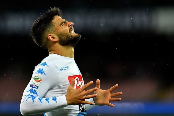 Napoli's forward from Italy Lorenzo Insigne reacts during the Italian Serie A football match Napoli vs Atalanta on February 25, 2017 at San Paolo stadium in Naples. / AFP / ALBERTO PIZZOLI (Photo credit should read ALBERTO PIZZOLI/AFP/Getty Images)