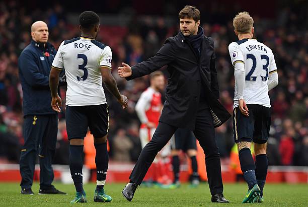 Rose being congratulated by Pochettino after the 1-1 draw at Arsenal in November