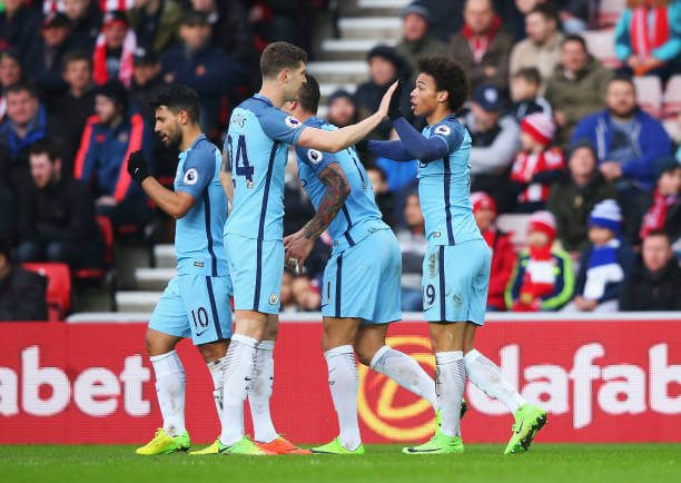 Sané (far right), Aguero and Sterling are just three of City's form players - who all pose a threat in the attacking third