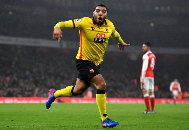 LONDON, ENGLAND - JANUARY 31: Troy Deeney of Watford celebrates his side's 2-1 win in the Premier League match between Arsenal and Watford at Emirates Stadium on January 31, 2017 in London, England. (Photo by Shaun Botterill/Getty Images)