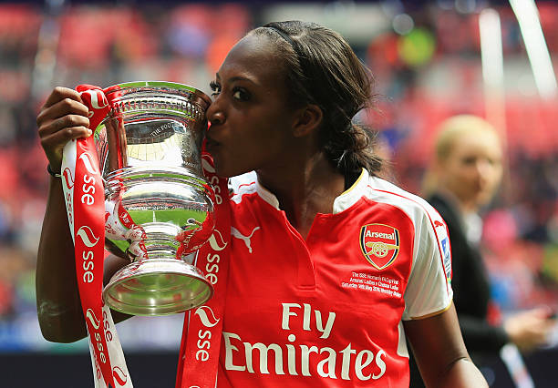 LONDON, UNITED KINGDOM - MAY 14: Winning goalscorer Danielle Carter of Arsenal kisses the trophy after the SSE Women's FA Cup Final between Arsenal Ladies and Chelsea Ladies at Wembley Stadium on May 14, 2016 in London, England. (Photo by Ben Hoskins/Getty Images)