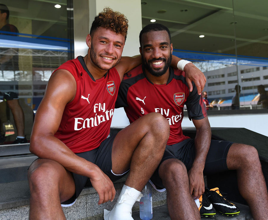 Arsenal duo Alex Oxlade-Chamberlain and new-boy Alexandre Lacazette. Picture: Getty Images