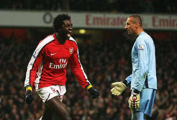 Arsenal's Emmanuel Adebayor celebrates scoring the goal to make it 3-1 against Tottenham Hotspur as the goalkeeper Heurelho Gomes is disappointed during their Barclays Premiership football match at The Emirates Stadium in London, on October 29, 2008. (CHRIS RATCLIFFE/AFP/Getty Images)