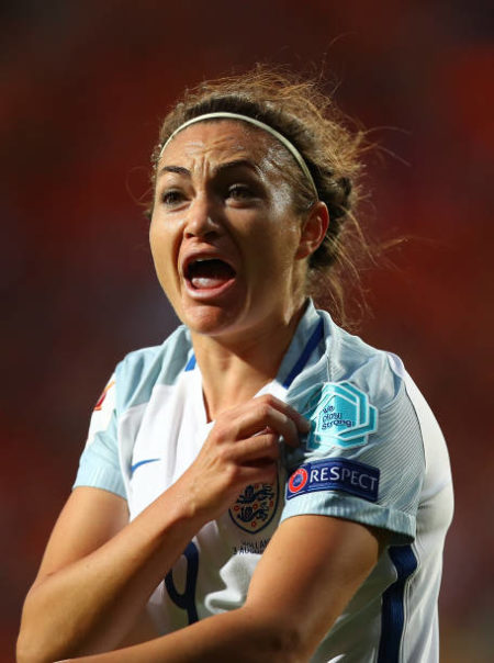 England's forward Jodie Taylor reacts after scoring a goal during the UEFA Women's Euro 2017 tournament quarter-final football match between England and France at Stadium De Adelaarshorst in Deventer, on July 30, 2017. (TOBIAS SCHWARZ/AFP/Getty Images)
