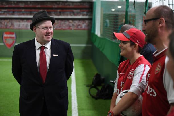 British comedian Matt Lucas (L), patron of Arsenal's Gay Gooners supporters' group speaks with players from the gay supporters' teams of Arsenal and Brighton as they take part in a penalty shoot-out competition at the Arsenal Hub in north London on October 1, 2017, ahead of the premier league game between the two teams. The competition is seen as an opportunity to celebrate the diverse nature of the Arsenal team, their supporters and wider community - and create an environment where everyone associated with the club feels respected and welcomed. Picture: CHRIS J RATCLIFFE/AFP/Getty Images)