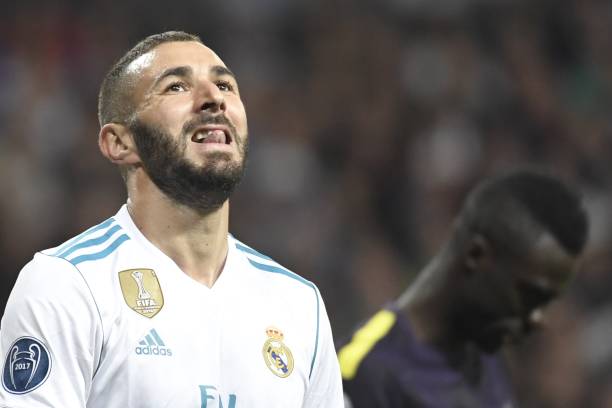 Karim Benzema reacts during the UEFA Champions League group H football match Real Madrid CF vs Tottenham Hotspur FC at the Santiago Bernabeu stadium in Madrid on October 17, 2017. (GABRIEL BOUYS/AFP/Getty Images)