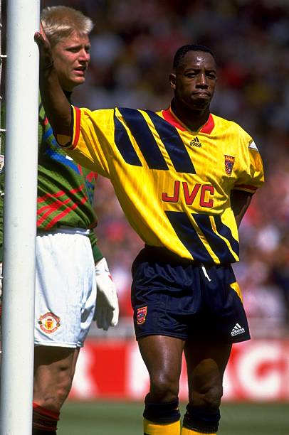 (Aug 1993: Peter Schmeichel of Manchester United waits by the post with Ian Wright of Arsenal during the Charity Shield Final match played at Wembley Stadium in London, england. Manchester United won 6-5 on penalties. (Shaun Botterill/Allsport)