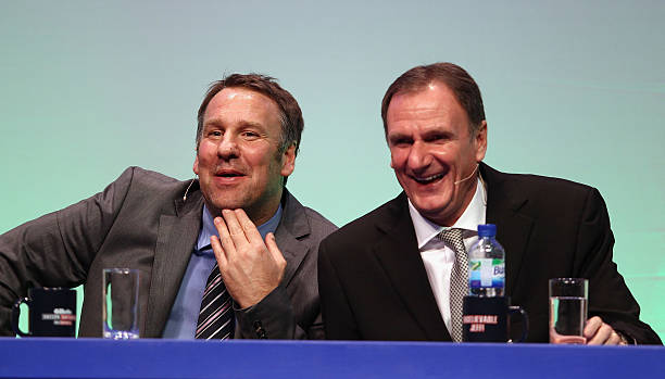 BOURNEMOUTH, ENGLAND - MARCH 19: Paul Merson (l) and Phil Thompson answer questions during Gillette Soccer Saturday Live with Jeff Stelling on March 19, 2012 at the Bournemouth International Centre in Bournemouth, England. (Photo by Bryn Lennon/Getty Images)