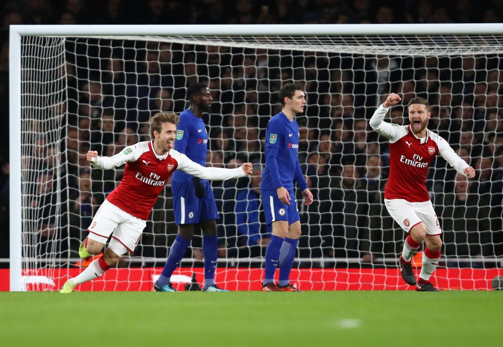 LONDON, ENGLAND - JANUARY 24: Nacho Monreal celebrates the own goal of Antonio Rudiger of Chelsea during the Carabao Cup Semi-Final Second Leg at Emirates Stadium on January 24, 2018 in London, England. (Photo by Julian Finney/Getty Images)