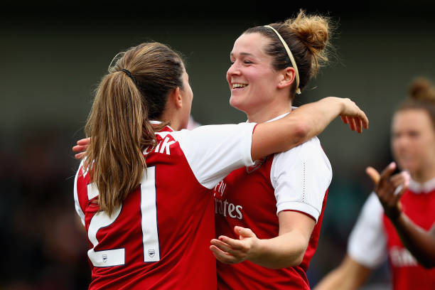 LONDON, ENGLAND - OCTOBER 08: Danielle Van De Donk celebrates with Emma Mitchell after scoring her sides first goal during the Women's Super League 1 match between Arsenal and Bristol City at Meadow Park, Boreham Wood on October 8, 2017 in London, United Kingdom. (Photo by Naomi Baker/Getty Images)