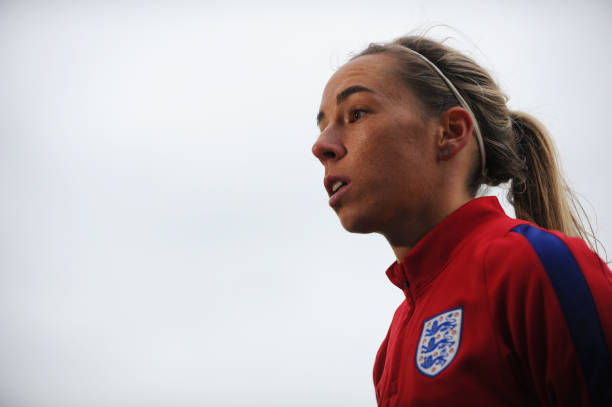 BURTON-UPON-TRENT, ENGLAND - NOVEMBER 21: Jordan Nobbs of England Women speaks to the press during a training session at St Georges Park on November 21, 2017 in Burton-upon-Trent, England. (Photo by Nathan Stirk/Getty Images)