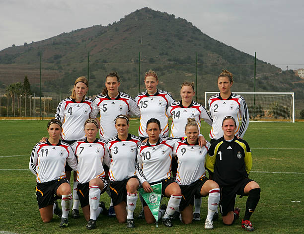 LA MANGA, SPAIN - FEBRUARY 15: The German team lines up before the start of the U23 women's friendly football match between Germany the U.S. at the La Manga Resort on Ferbruary 15, 2008 in La Manga, Spain. (Photo by Denis Doyle/Bongarts/Getty Images for DFB)