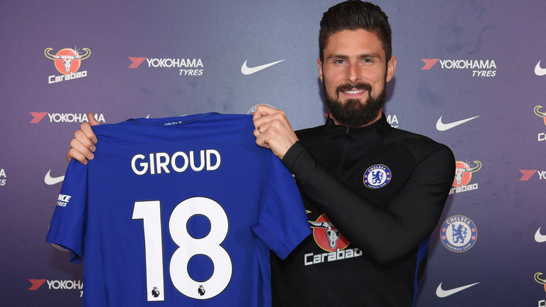 Olivier Giroud after signing for Chelsea in January 2018