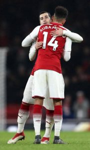 LONDON, ENGLAND - FEBRUARY 03: Henrikh Mkhitaryan of Arsenal and Pierre-Emerick Aubameyang of Arsenal celebrate victory together after the Premier League match between Arsenal and Everton at Emirates Stadium on February 3, 2018 in London, England. (Photo by Catherine Ivill/Getty Images)