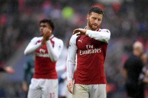 LONDON, ENGLAND - FEBRUARY 10: Shkodran Mustafi of Arsenal reacts after the Premier League match between Tottenham Hotspur and Arsenal at Wembley Stadium on February 10, 2018 in London, England. (Photo by Laurence Griffiths/Getty Images)