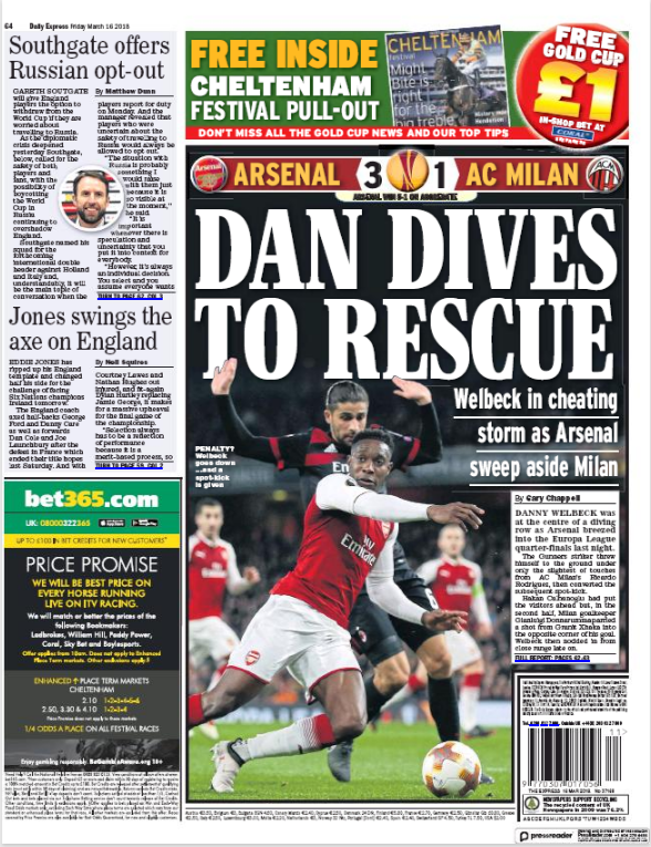 16 march 2018 Daily Express danny welbeck dive backpage