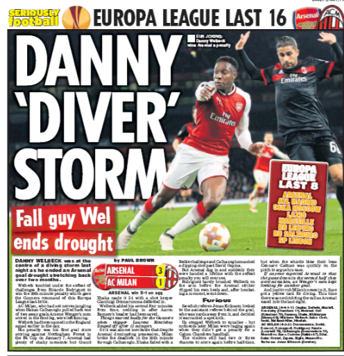 16 march 2018 Daily star danny welbeck dive