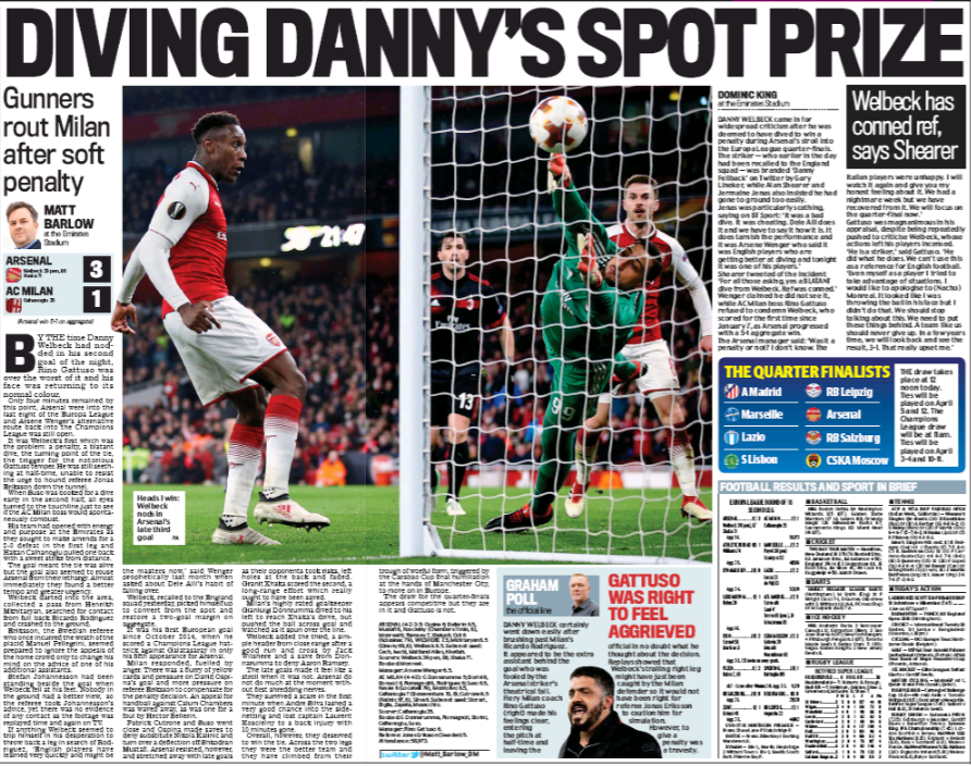 16 march 2018 daily mail danny welbeck dive match report