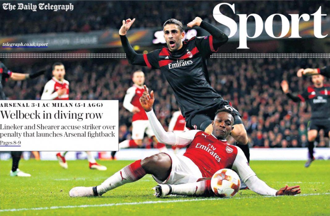16 march 2018 daily telegraph dany welbeck dive ccloseup