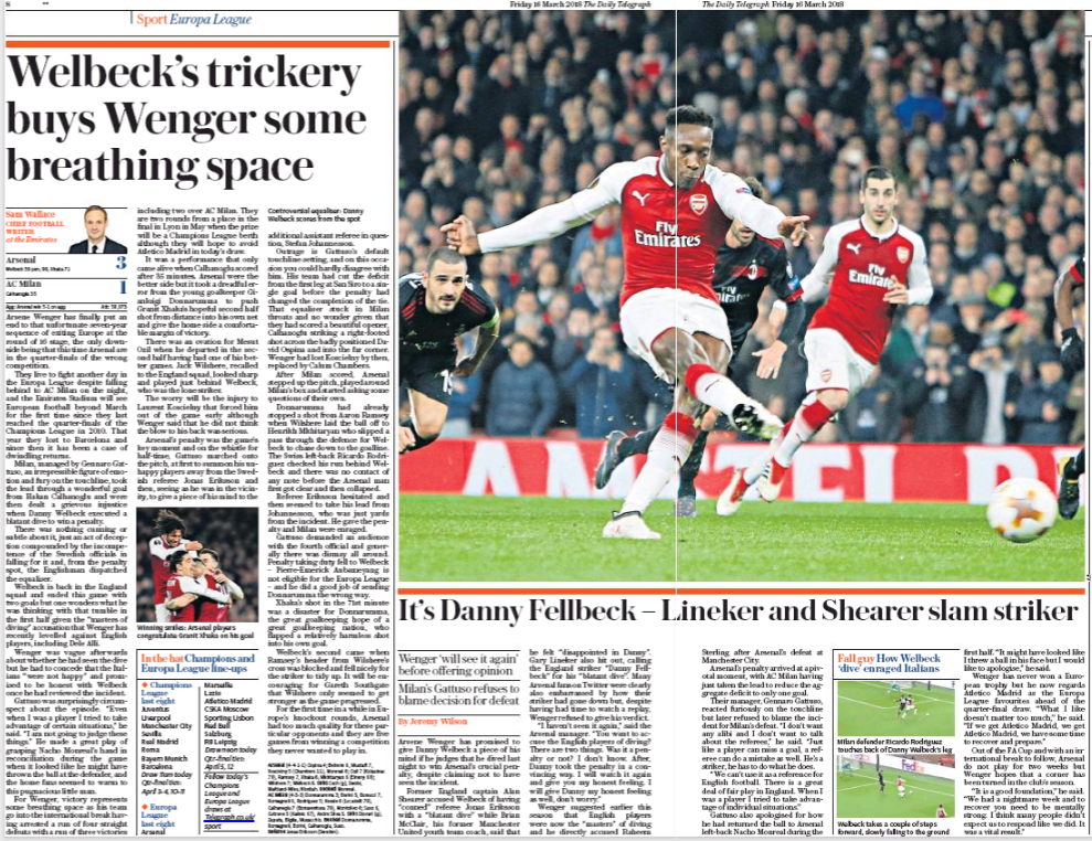 16 march 2018 daily telegraph dany welbeck dive match report