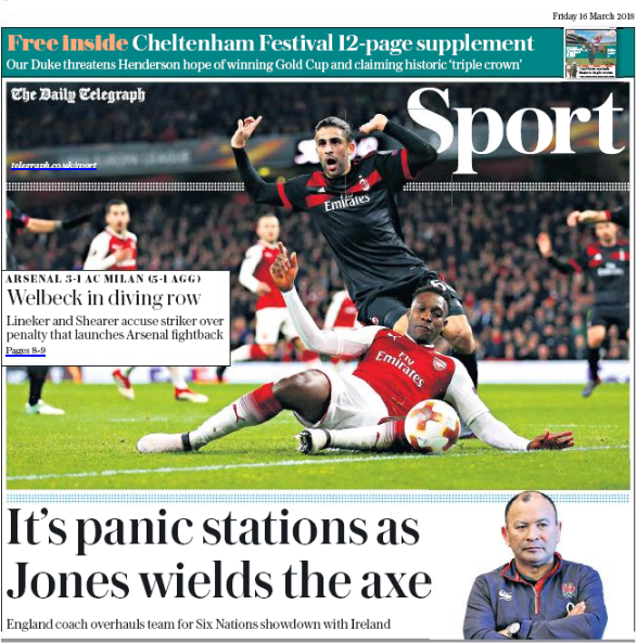 16 march 2018 daily telegraph dany welbeck dive