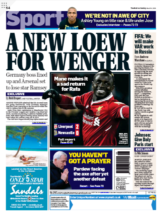 Mail on Sunday sport back page 4 march 2018