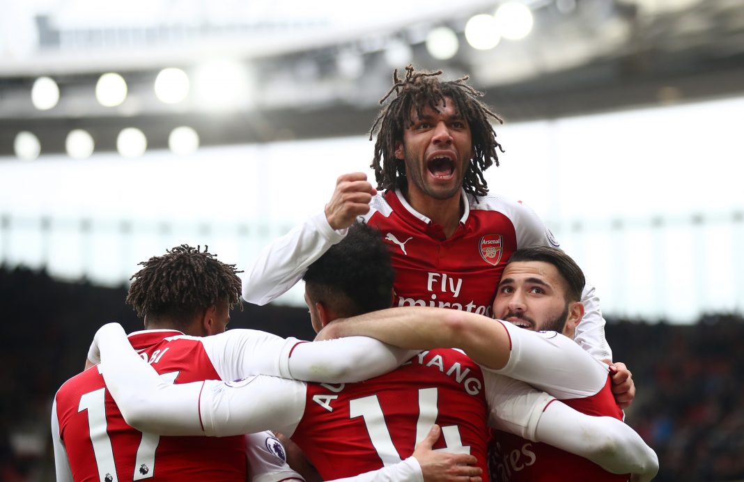 LONDON, ENGLAND - MARCH 11: Pierre-Emerick Aubameyang of Arsenal celebrates scoring the 2nd Arsenal goal with Mohamed Elneny of Arsenal during the Premier League match between Arsenal and Watford at Emirates Stadium on March 11, 2018 in London, England. (Photo by Julian Finney/Getty Images)