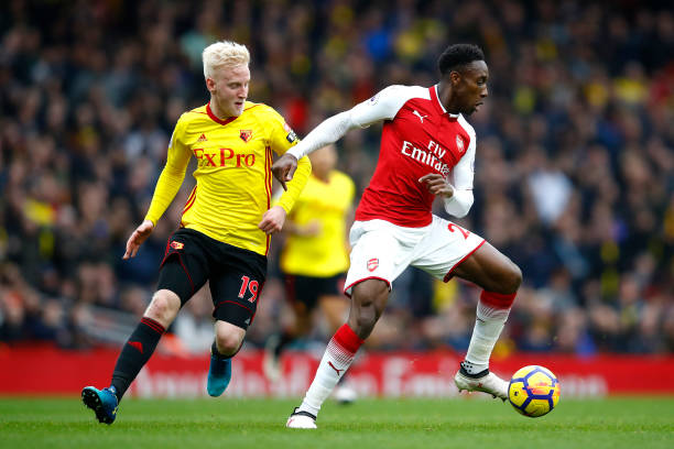 LONDON, ENGLAND - MARCH 11: Danny Welbeck of Arsenal and Will Hughes of Watford during the Premier League match between Arsenal and Watford at Emirates Stadium on March 11, 2018 in London, England. (Photo by Julian Finney/Getty Images)