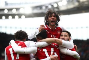 LONDON, ENGLAND - MARCH 11: Pierre-Emerick Aubameyang of Arsenal celebrates scoring the 2nd Arsenal goal with Mohamed Elneny of Arsenal during the Premier League match between Arsenal and Watford at Emirates Stadium on March 11, 2018 in London, England. (Photo by Julian Finney/Getty Images)