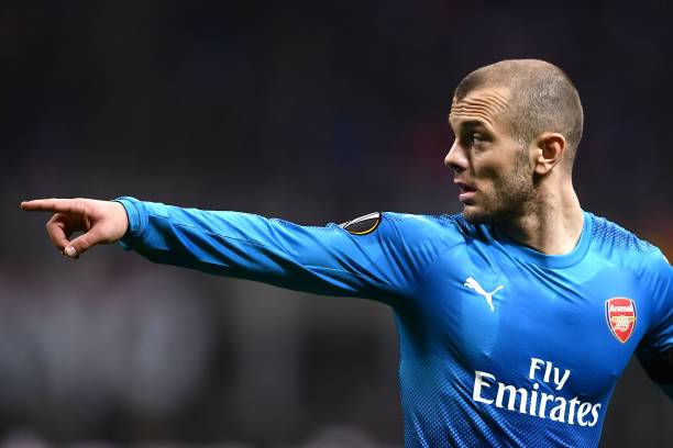 Arsenal's midfielder Jack Wilshere of England gestures during the UEFA Europa League round 16 first-leg football match AC Milan Vs Arsenal at the 'San Siro Stadium' in Milan on March 8, 2018. Arsenal won 0-2. (MARCO BERTORELLO/AFP/Getty Images)