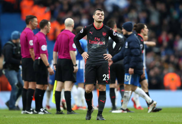 BRIGHTON, ENGLAND - MARCH 04: Granit Xhaka of Arsenal looks dejected following the Premier League match between Brighton and Hove Albion and Arsenal at Amex Stadium on March 4, 2018 in Brighton, England. (Photo by Christopher Lee/Getty Images)
